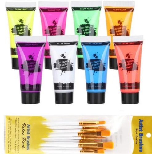 8 színű  tubusos Neon arc- és testfesték, ecsetekkel