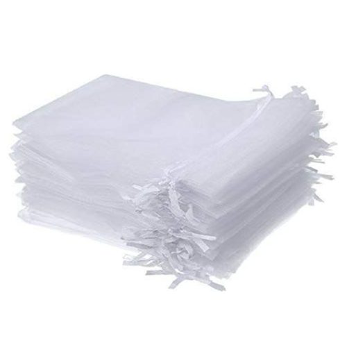 Összehúzható organza ajándék tasak, fehér színű, 50 db,  10 x 15 cm