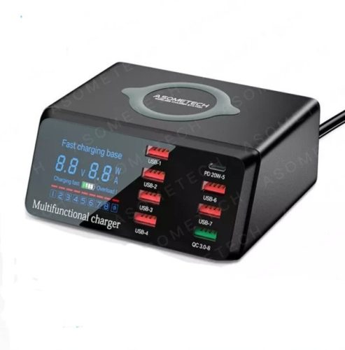 Asometech 110 vezeték nélküli töltőállomás, gyors töltéshez, 110 W, PD, USB-C, QC3.0, 8 port, fekete