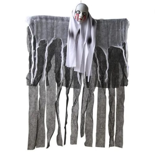 Halloween dekoráció, ijesztő vérző szemű baba,függeszthető rongyos, fekete-szürke -fehér, 60 x 85 cm