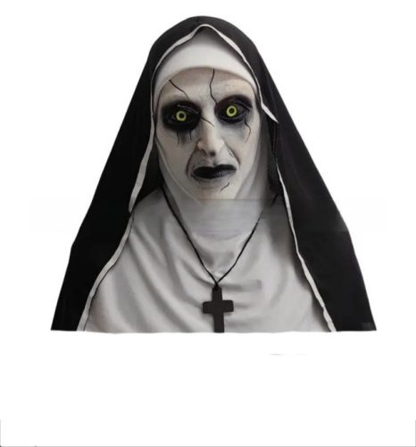 Halloween élethű, teljes fejmaszk,latex és poliészter csukja, zombi apáca arc, fekete-fehér