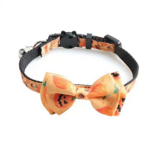 Halloween nyakörv macskáknak/kistestű kutyáknak,narancssárga, kalapos tök minta, 18-32 cm