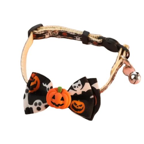Halloween dísznyakörv macskáknak/kistestű kutyáknak,fekete-fehér, sütőtök  minta, 18-32 cm