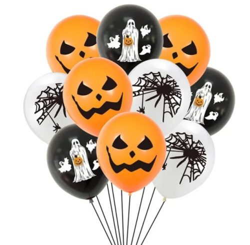 10 részes Halloween lufi csomag, fekete-fehér-narancssárga
