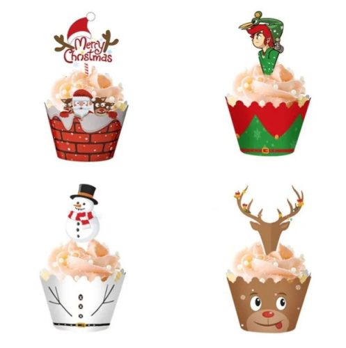 48 részes karácsonyi süti vagy  muffin díszítő papír gallér és beszúró, színes, vegyes mintával