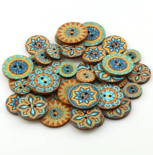 Mandala mintás fa varrógomb, türkíz és narancssárga, 20 mm, 50 db