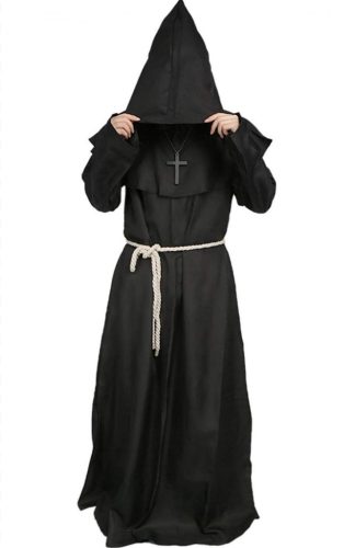 Középkori szerzetes csuklyás köpeny, halloween jelmez, fekete, XXL