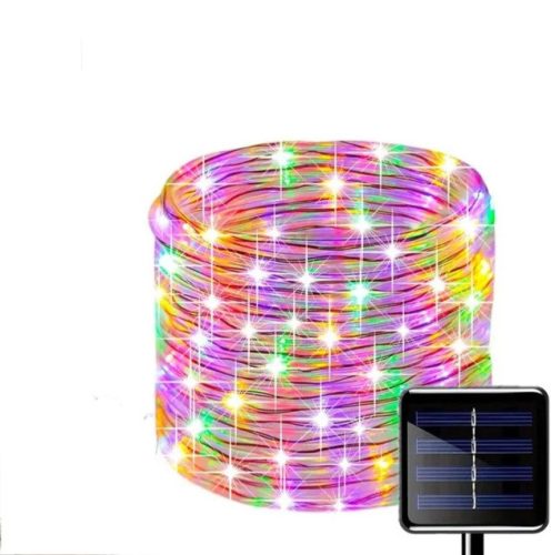Kültéri vízálló napelemes led zsinór, színes fényű, 12 méter, 100 led