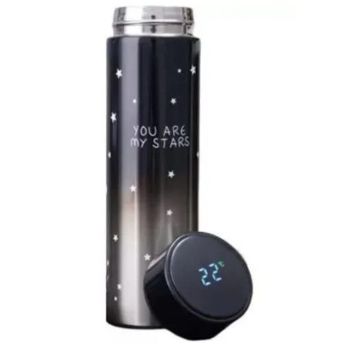 Hőmérséklet kijelzős, rozsdamentes acél utazó mini termosz, fekete színátmenetes, csillag mintás, 480 ml