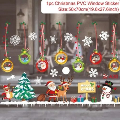 Ablak matrica, karácsonyi jelenet mikulással,logó gömbdíszhekkel színes, pvc