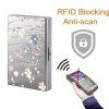 Női fém mini bankkártya tartó tárca, RFID blokkolós, 8 fakkos, ezüst színű,szép pasztel színű virágokkal, 9,7 x 6,7 cm 