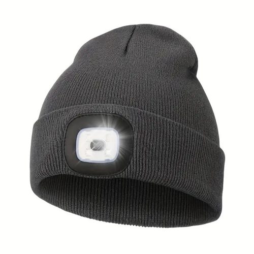 Nut Kötött sapkába integrált lámpa, 4 db Led, akkumulátorral, USB ajzatról tölthető, sötétszürke színű