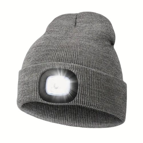 Nut Kötött sapkába integrált lámpa, 4 db led, akkumulátorral, USB ajzatról tölthető, világosszürke színű