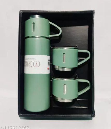 Rozsdamentes acél , műanyag  bevonattal mini termosz és + 2 db csésze szett, 500 ml-es, zöld