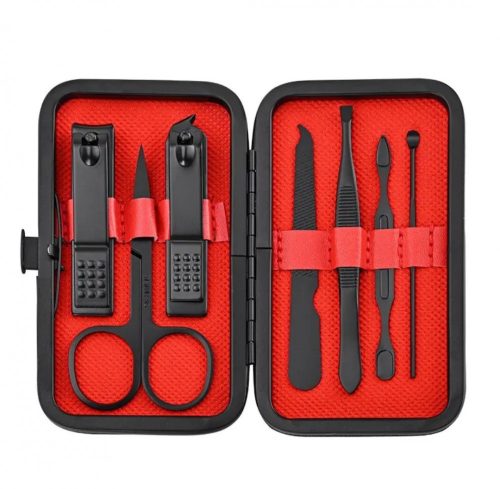 7 részes rozsdamentes acél  mini manikűr szett, fekete paha műbőr tokban, fekete színű, 11 x 6,5 cm 