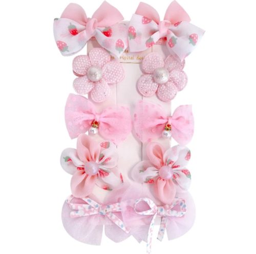 10 részes csipesz csatos tüll-organza hajdísz, rózsaszín színű, 4 cm-es díszek