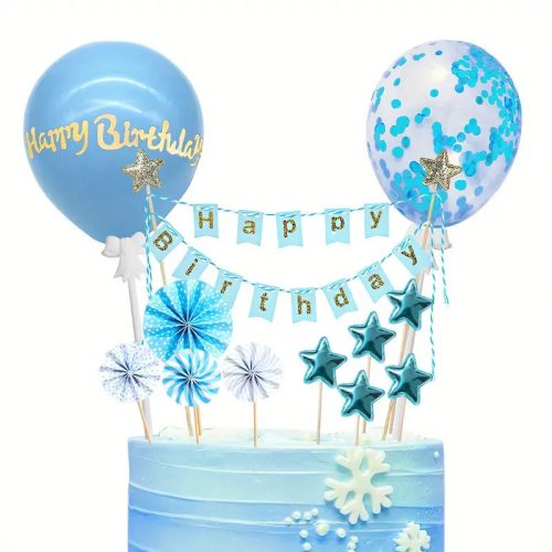 12 részes vidám torta díszítő szett, kék -fehér, arany színű, 15-25 cm-es beszúrók