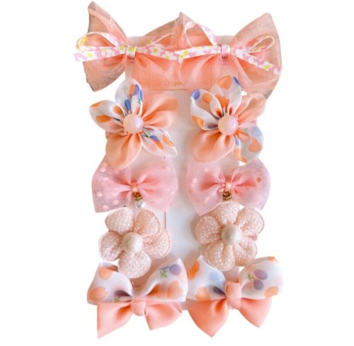 10 részes csipesz csattos tüll-organza hajdísz, barack színű, 4 cm-es díszek