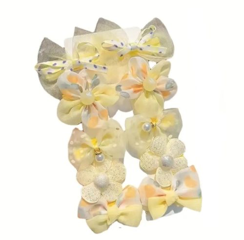 10 részes csipesz csatos tüll-organza hajdísz, sárga színű, 4cm-es díszek