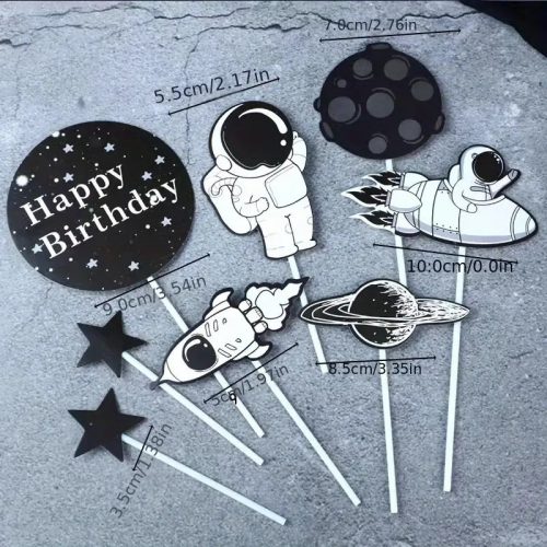 10 részes űrhajós torta díszítő, beszúró szett, fekete-fehér, 4-10 cm átmérő