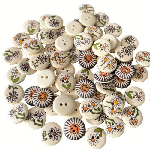 20 db 2 lyukú fa gomb, festett többféle margaréta minta, 1,5 cm 