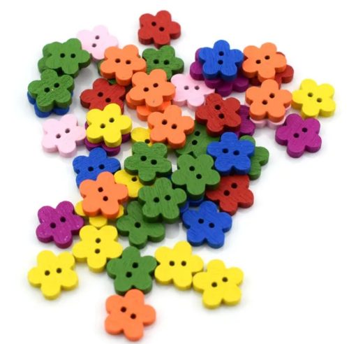 Virág alakú 2 lyukú fa varró gomb, vegyes színek, 50 db, 12 x 13 mm 