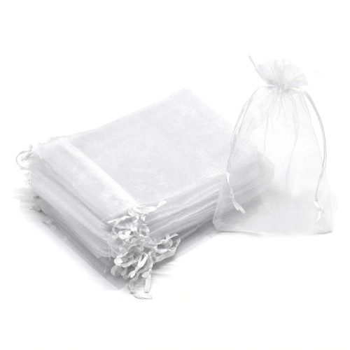 25 db fehér organza húzózsinóros ajándék tasak, 9 x7 cm 