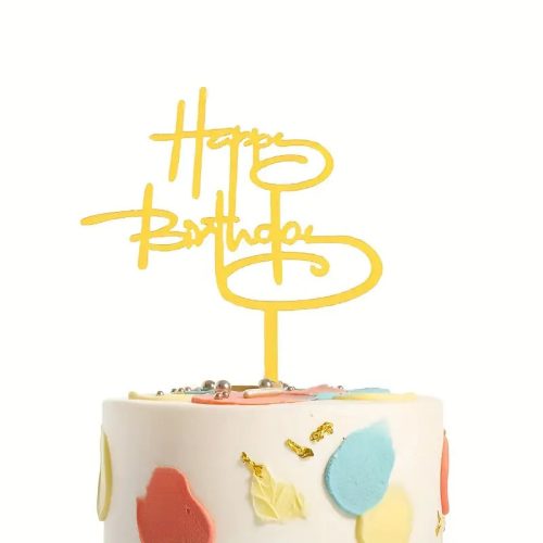 Akril Happy Birthday kézírásos fazonú torta beszúró, aranysárga, 11,5 cm széles