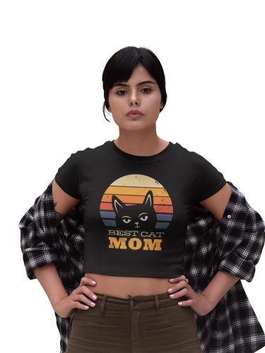 Mintás női crop top - Best cat mom - Fekete