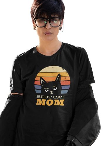 Mintás női póló - Best cat mom - fekete