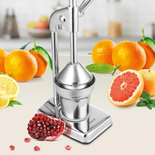 Rozsdamentes karos citrusprés, gyümölcsprés szűrővel, pohárral
